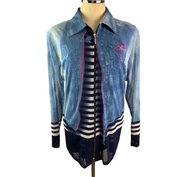 XXL Modelia Women's New Blue Twin Set Mesh Jacket Denim Design - Picture 1 of 11